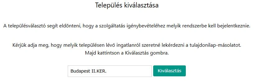 település kiválasztása Földhivatal Online belépéskor